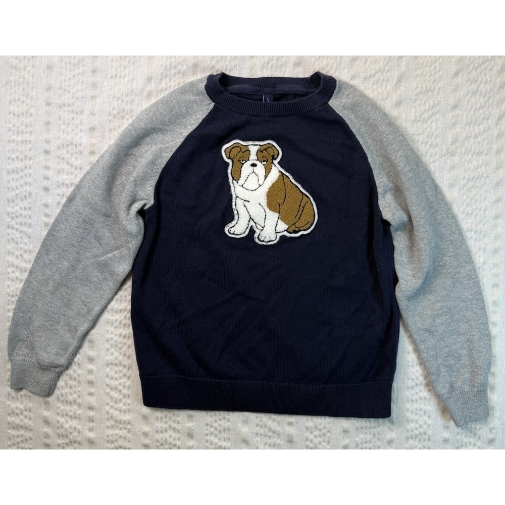 Janie and Jack Boys Sweater Bulldog Navy Gray Raglan Cotton Size S